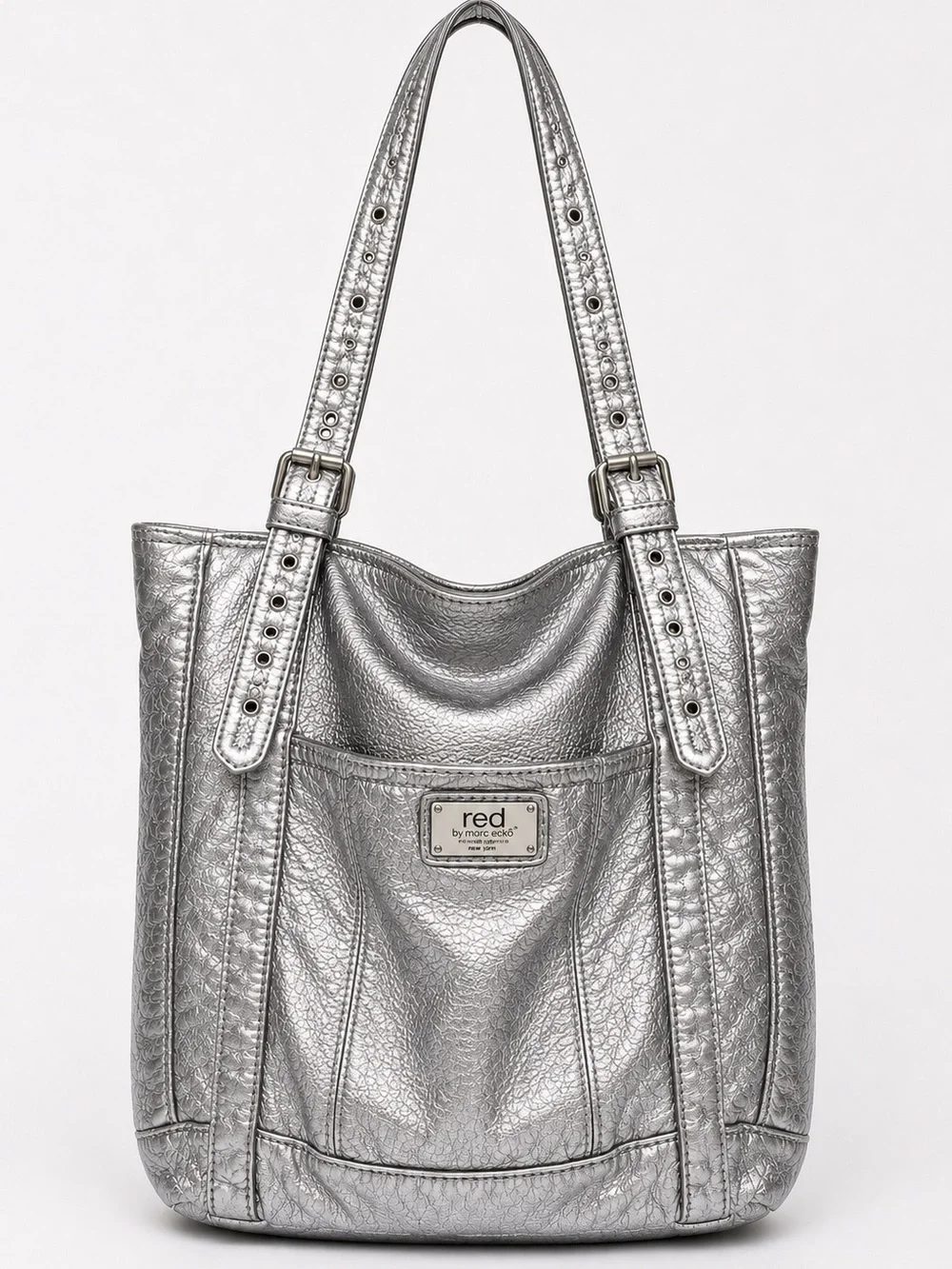 2009 Red by Marc Echos Metallic Silver Leather Shoulder Tote Y2K